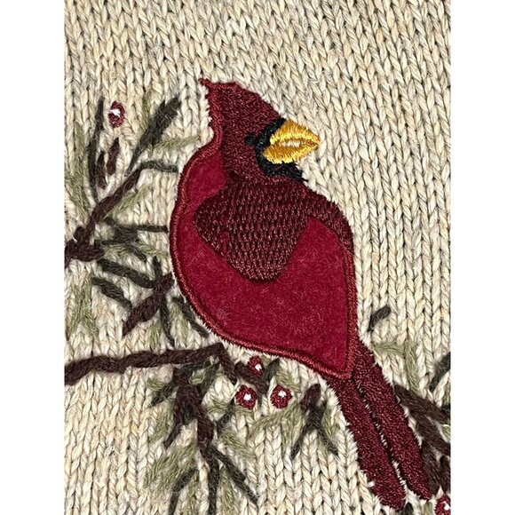 Cardinal Bird Silk Knit Sweater Tan XL Earthy Neutral Festive Embroidery Preppy - Picture 8 of 12